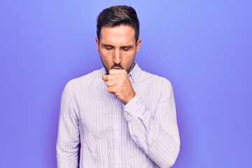 Young handsome man wearing casual striped shirt standing over isolated purple background feeling unwell and coughing as symptom for cold or bronchitis. Health care concept.