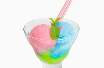 Strawberry and kiwi as blue ice cream on isolated white background in summer