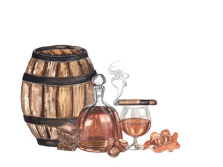 Watercolor illustration of a barrel, cognac on a white background