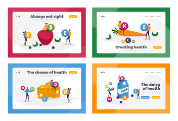 Organic Food Choice, Vitamins in Products Landing Page Template Set. Characters Eat Healthy Fruits, Vegetables, Cheese, Milk and Eggs Source of Energy and Health. Cartoon People Vector Illustration