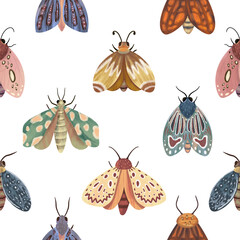 Seamless pattern. Moths on a white background.