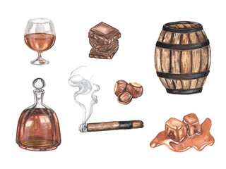 Watercolor illustration set of cognac on a white background
