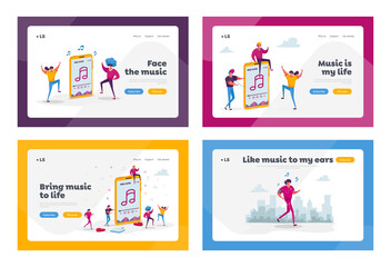 Obraz na płótnie Canvas People Listen Sound Composition on Music Player or Mobile Phone Application Landing Page Template Set. Tiny Characters Wearing Headphones Enjoying Dancing and Relaxing. Cartoon Vector Illustration