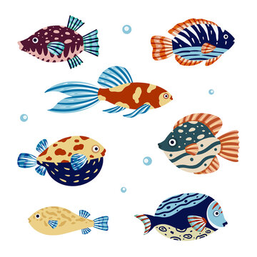 Set of colorful fish on a white background. Doodle.