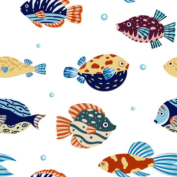 Seamless pattern of colorful fish on a white background.