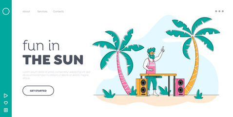 Discotheque Fun, Youth Lifestyle, Entertainment and Fest Landing Page Template. Happy Dj Character in Sunglasses on Head Playing and Mixing Music at Beach Disco Party. Linear Vector Illustration