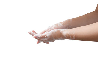 Closeup woman's hand washing, Cleaning hands on white background - 354065535