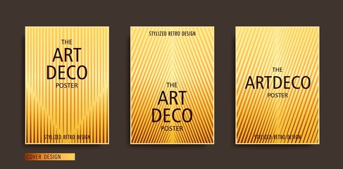 Stylized art-deco placards set. Modern A4 brochure template. Trendy geometric linear composition with golden gradient. Vector poster