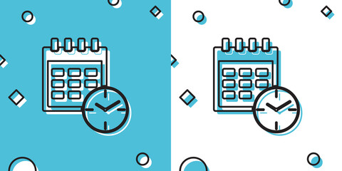 Black Calendar and clock icon on blue and white background. Schedule, appointment, organizer, timesheet, time management, important date. Date and time sign. Random dynamic shapes. Vector Illustration