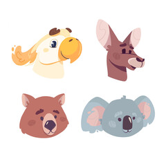 cute heads kangaroo, cockatoo, wombat and koala. Funny vector birds and animals from the Australian series. Illustrations for children's books, encyclopedias, cards. Cartoon style isolated on white