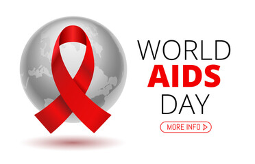 Vector Stock Illustration for World AIDS Day. 1st December World Aid Day Awareness poster with red ribbon and world map or planet Earth on white background.