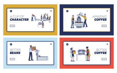 Set of landing pages for coffee production stages roasting, grinding beans and making beverage
