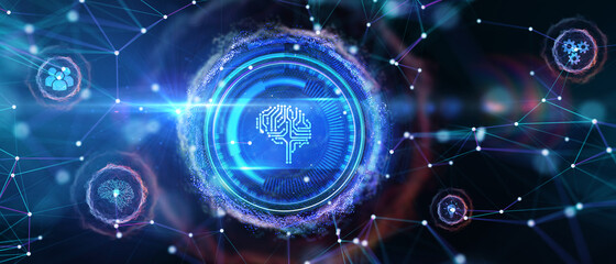 Artificial intelligence (AI), machine learning and modern computer technologies concepts. Business, Technology, Internet and network concept. 3D illustration.