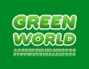 Vector stylish logo Green World. Bright 3D Font. Cute Alphabet Letters and Numbers