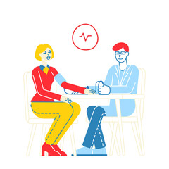 Male Doctor Endocrinologist Character Measuring Arterial Blood Pressure with Tonometer to Female Patient Sit at Table. Hormone Disease Health Care Medical Check Up. Linear People Vector Illustration