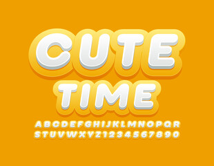Vector creative sign Cute Time with Modern Font. Yellow and White Alphabet Letters and Numbers