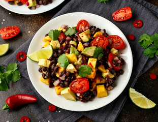 Avocado, mango salad with black bean on white plate