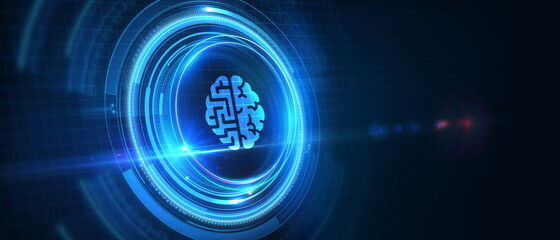 Artificial intelligence (AI), machine learning and modern computer technologies concepts. Business, Technology, Internet and network concept. 3D illustration.