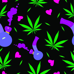 Cannabis leaves and cartoon bong for smoking decorative seamless texture on a black background
