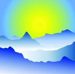 Nature landscape design concept of yellow sun and blue mountains - vector illustration art