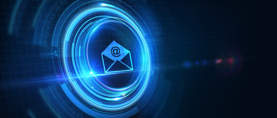 Email communication. Upgrade.Update software computer program.  Young businessman select the icon E-mail on the virtual display.3D illustration.