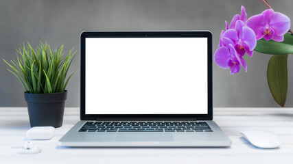 Fototapeta premium Laptop computer white blank screen on work table front view. Copy space, home and office workspace concept, laptop mockup.