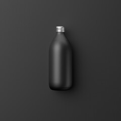 black opaque bottle or flask on a black background, 3D rendering, web banner or template