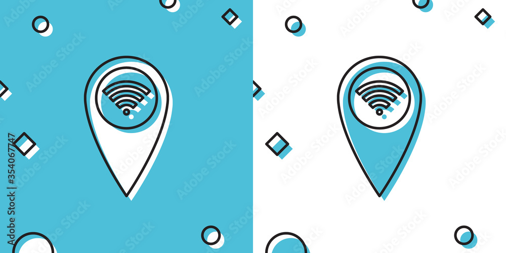 Fototapete black pointer map with wifi internet signal connection icon isolated on blue and white background. r