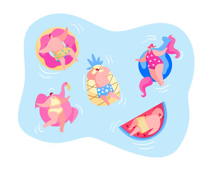 Diverse People Men Women Having Fun, Relaxing on Summer Vacation Resort. Male and Female Characters Swimming on Inflatable Mattresses in Ocean, Sea or Swimming Pool. Cartoon People Vector Illustration
