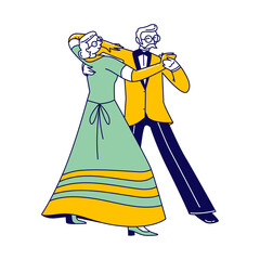 Senior Couple Characters Dancing Waltz or Tango Sparetime. Elderly People Active Lifestyle, Old Elegant Man and Woman in Love or Friend Relations Spend Time, Leisure Relax. Linear Vector Illustration