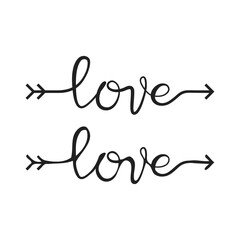 Love lettering, handwritten text inscription with arrow black vector icon set.