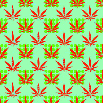 abstract chaotic bright with geometric urban elements seamless pattern hemp cannabis leaves agua menthe colors