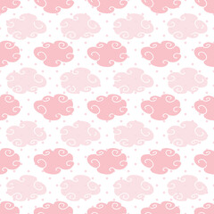 Repeat pattern design with pink clouds on white background