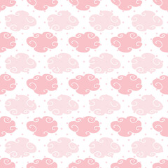 Repeat pattern design with pink clouds on white background