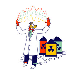 Mad Scientist Connect Wires of Batteries with Radiation Toxic Signs to Legs Has Electricity Discharge between Hands. Crazy Character Conducting Experiments in Laboratory. Linear Vector Illustration