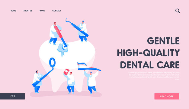Dental Care Landing Page Template. Tiny Dentist Characters in Medical Robe Cleaning or Brushing Huge Teeth. Doctor Use Mirror. Health Care, Oral Treatment, Check Up. Cartoon People Vector Illustration