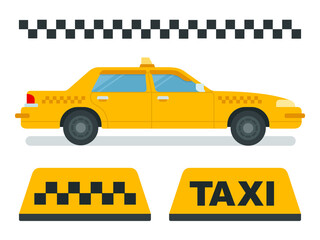 Concept taxi, yellow car, checkered taxi vector icons in flat design.