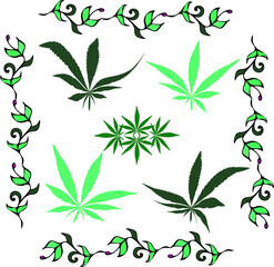 set of vector characters icons of isolated green plants hemp cannabis leaves marijuana cannabis art brushes rastaman frames monograms spare parts decorative vintage