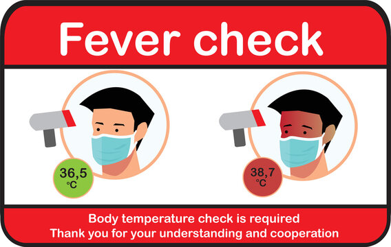 Fever Check Vector Graphic Illustration, Simple Flat Body Temperature Check Required Sign During Covid-19 Outbreak Or Coronavirus Pandemic, Measures The Ambient And Body Temperature Without Contact.