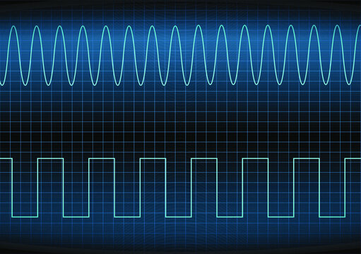 Square wave and sine wave on the oscilloscope. The voltage waveform. A sound wave of light on a dark background. Turquoise color. Stock vector illustration.