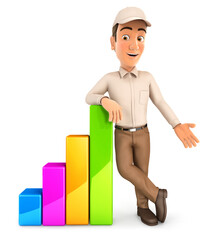 3d delivery man leaning against bar chart
