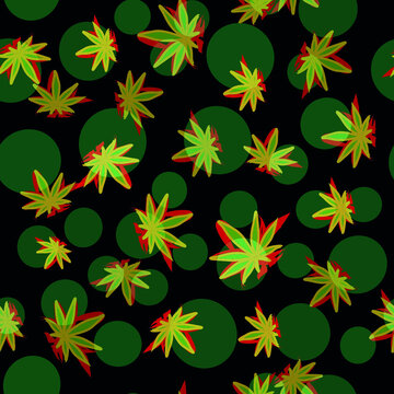hemp leaves on green circles black background seamless pattern