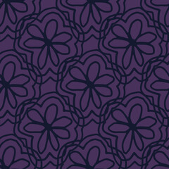 Fototapeta premium Line art black flower bloom seamless pattern on violet background. Romantic floral enless wallpaper,