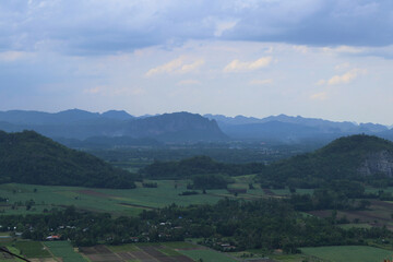 Fototapeta na wymiar Mountain and farm views from a bird's eye view. 