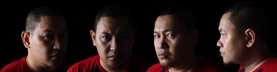 Set of portraits collage. Close-up portrait of an Asian man in the dark with half face lighting. Different angle view of a man face