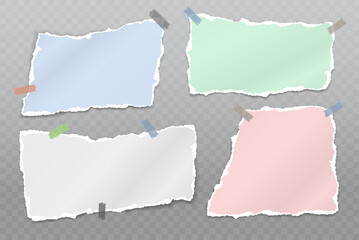 Torn white and colorful note, notebook paper strips and pieces stuck on squared background. Vector illustration