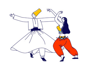 Arabic Dance Concept. Whirling Dervish in Traditional Outfit and Girls in Arab Dress Dancing with Raising Hands. Characters Moving Body, Muslim Artist Performance. Linear People Vector Illustration