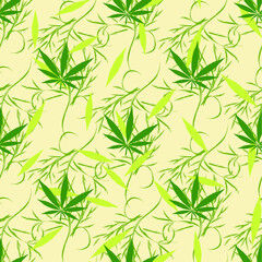 hemp monogram decorative seamless pattern green leaves in a stained glass style on a yellow background leaf fall falling flowing leaves