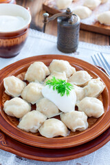 Traditional homemade Russian dumplings cooked in dumplings, selective focus