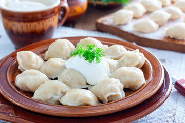 Traditional homemade Russian dumplings cooked in dumplings, selective focus
